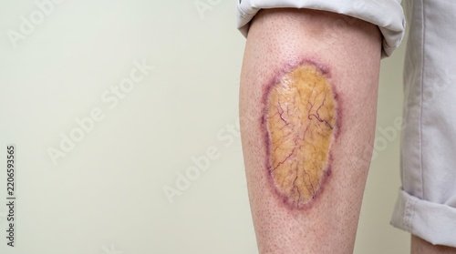 Clinical close up of necrobiosis lipoidica lesion on lower leg showing telangiectasia and atrophy