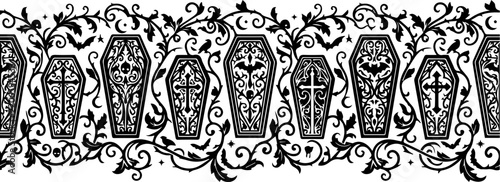 Halloween coffin border with spooky vines and bats black and white design