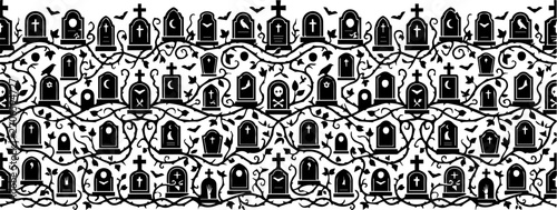 Halloween graveyard border with tombstones bats and vines transparent background
