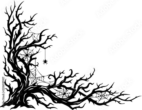 Halloween spooky tree corner border with spiders and webs transparent background