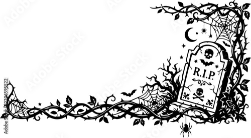 Halloween corner design with tombstone spiderweb and thorny vines