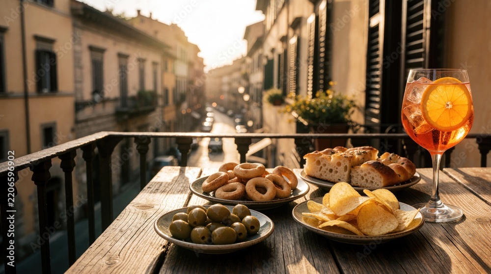 Fototapeta premium Orange cocktail with orange slice served on balcony at sunset. Appetizers like olives, chips, focaccia bread on wooden table. Italian urban street view background. Happy summer vacation mood with