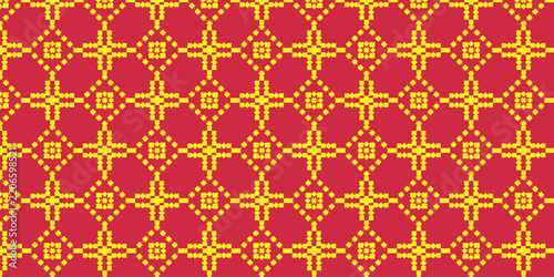 Red and gold songket inspired geometric seamless pattern, traditional woven textile vector