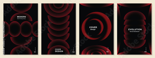Abstract red gradient poster templates set. Vector dark backgrounds for vertical poster and brochure creative layouts gradient circles, curves and geometric shapes.