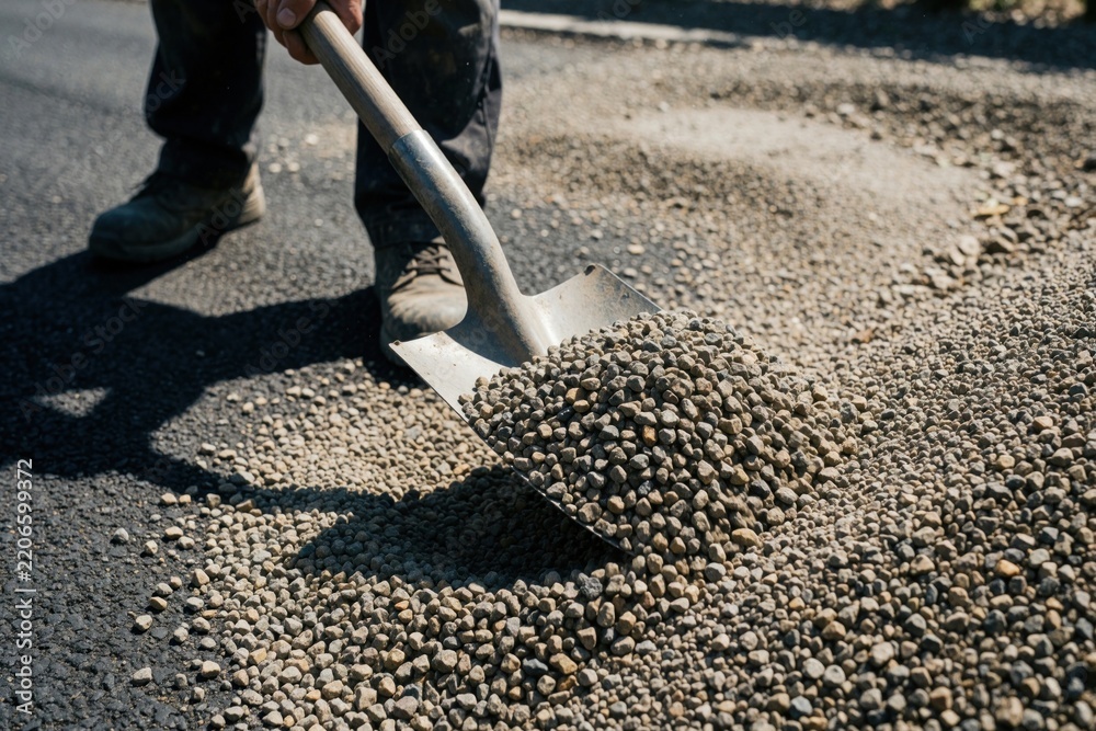 Obraz premium Worker uses metal shovel to scoop small gravel pile on asphalt road. Manual labor person performs landscaping construction work outdoors. Close up view of crushed stone aggregate, pebbles, mineral