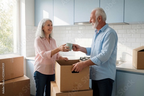 Senior couple unpacks cardboard boxes in modern bright kitchen. Happy elderly man, woman enjoy coffee together during house moving process. Retired seniors settle into new apartment with smiles.