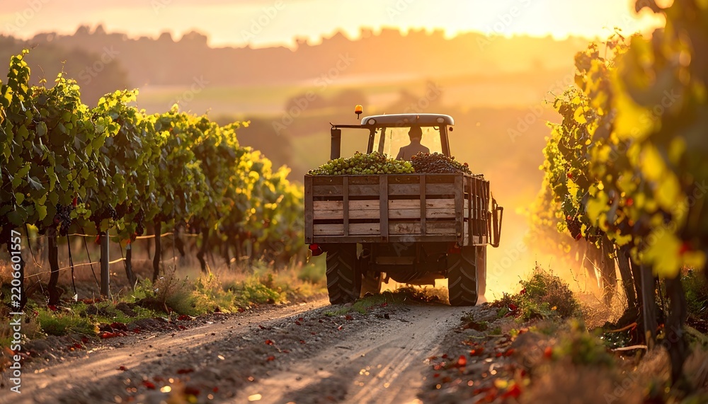 Obraz premium Remolque cargado de uvas circulando entre viñedos al atardecer