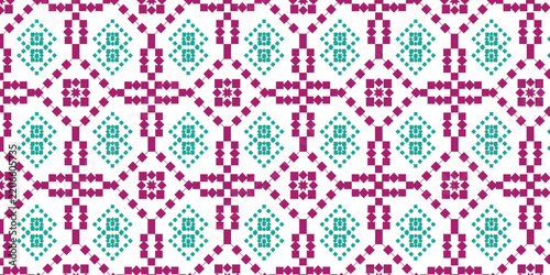 Ethnic cross stitch seamless pattern in magenta and turquoise on white background