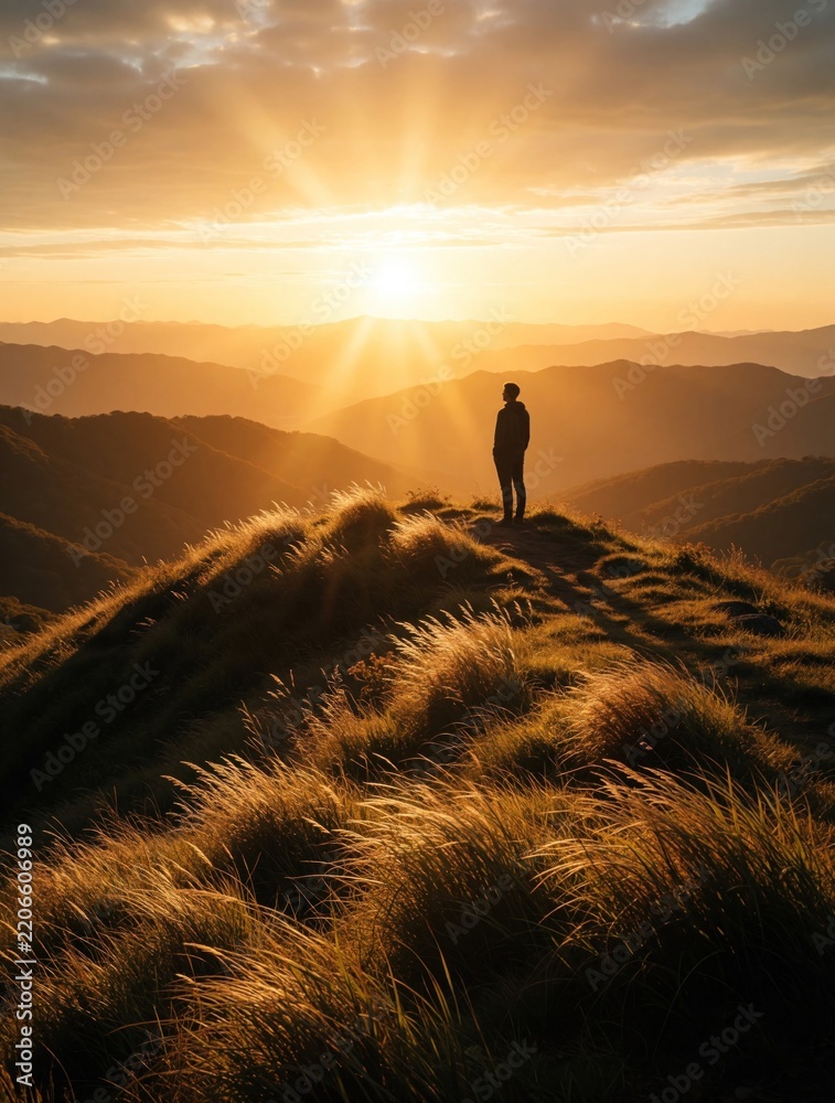 Obraz premium Silhouette of lonely man standing on mountain ridge at sunset. Person looks at golden sun rays above misty hills, valleys. Beautiful summer evening landscape with tall grass in foreground. Solitude,