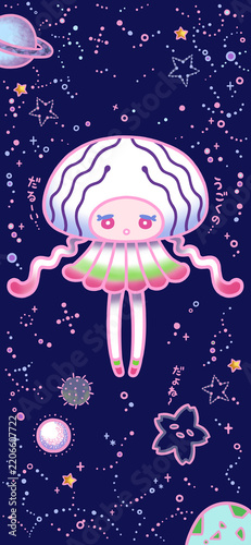 スマホ壁紙比率で作成したクラゲのオリジナルキャラクターイラストの素材。