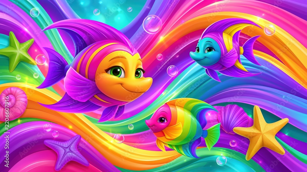 Fototapeta premium Cartoon fish swim through a vibrant rainbow aquatic environment with shells and stars.