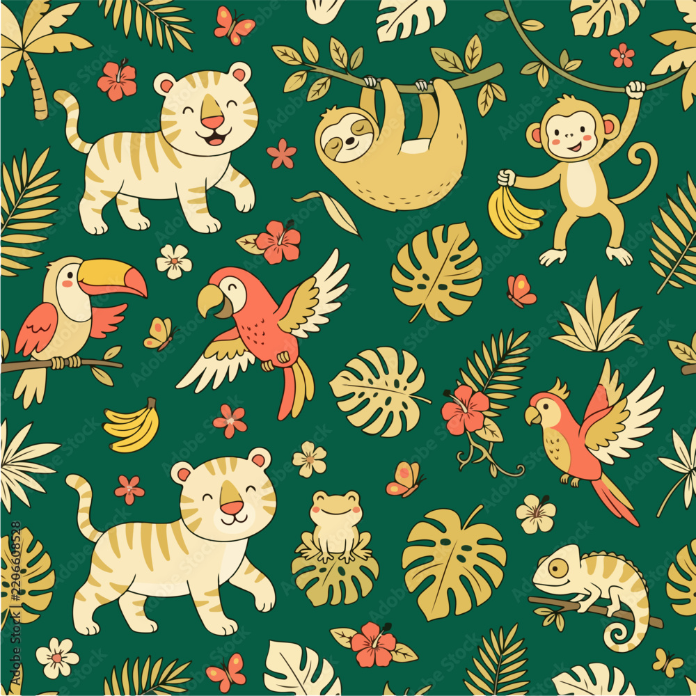 Obraz premium Colorful jungle animals and tropical leaves seamless pattern
