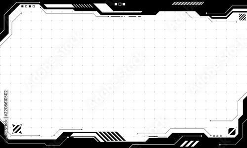 Futuristic Black and White Sci-Fi HUD Interface Frame with Grid Background