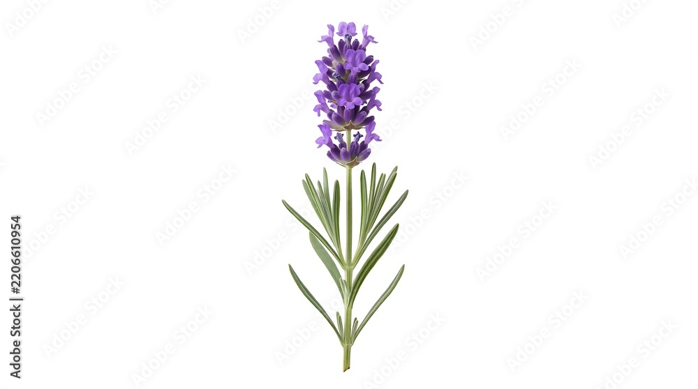 Fototapeta premium Single lavender stem with purple flower spike and narrow green leaves on white background