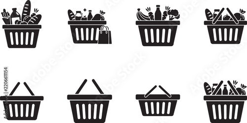 Grocery shopping baskets filled with various food items and simple empty baskets for retail and commerce.