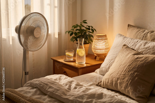 White electric fan cools bedroom during hot summer night. Bedside table carafe with lemon water, glass for hydration. Cozy interior with warm lamp light, comfortable pillows, linen bedding, green