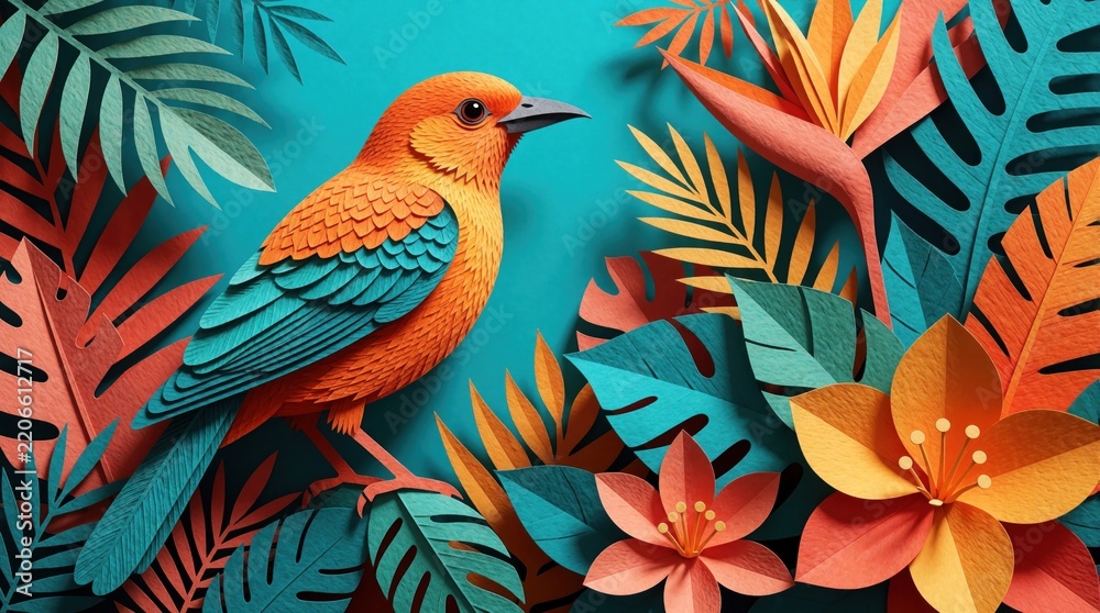 Obraz premium Vibrant paper cutout illustration of orange bird in tropical jungle. Colorful layered paper art shows exotic bird among bright flowers, green palm leaves. Creative craft style design features