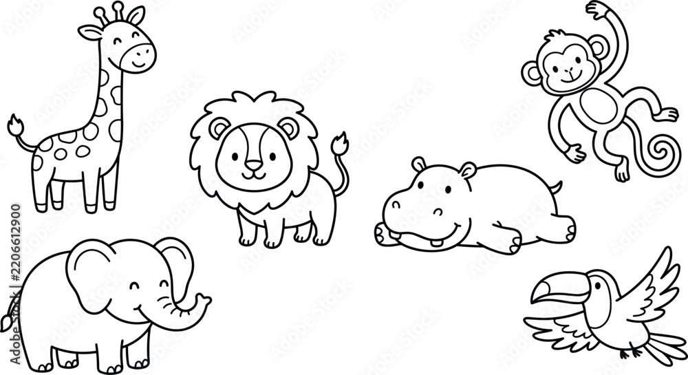 Obraz premium Cute Cartoon Jungle Safari Animals Line Art Vector Set for Kids Coloring Pages and Education Designs
