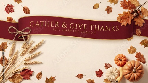 Gather and Give Thanks Banner on Bright Paper Background with Fall Foliage and Pumpkins