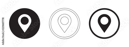 Minimalist location pointer icon pack featuring black solid and thin outline circular map pin signs.