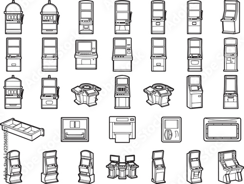 A collection of line art icons depicts various gambling machines and gaming devices, including slot machines, arcade cabinets, and ticket dispensers.