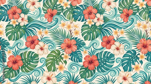 Tropical luau backround with seamless hibiscus and monstera pattern
