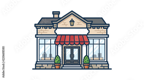 Detailed building facade with awning is a colorful vector silhouette