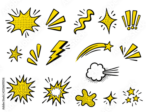 Set of comic effect shape with pop art style. Comic speech bubbles halftone dot background. Comic surprise, inspiration and attention effect. Stock vector illustration isolated on white background.