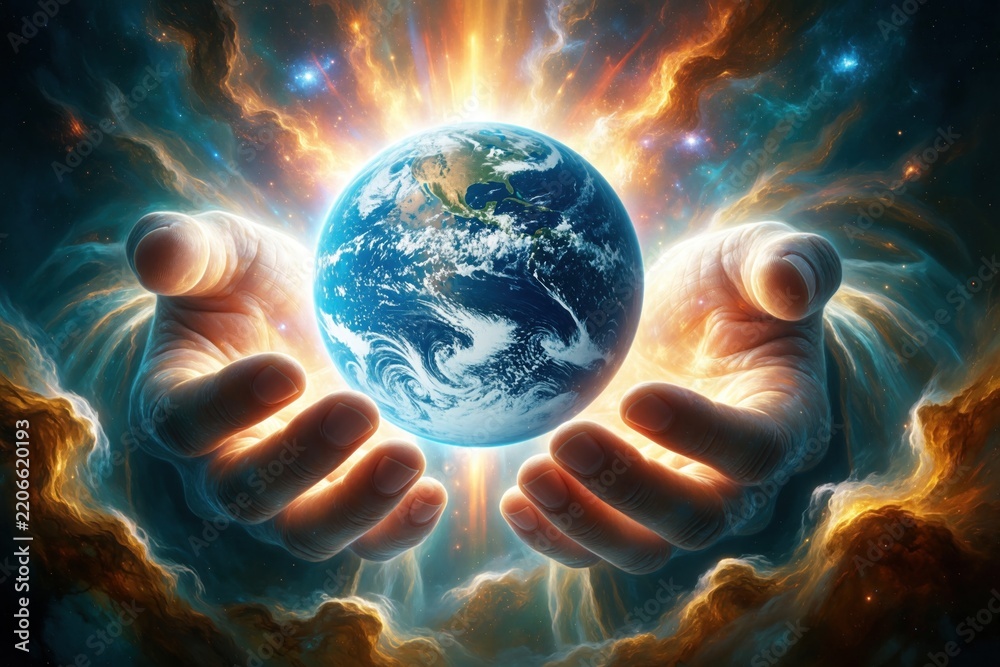 Fototapeta premium Divine hands hold glowing planet Earth in cosmic space. Celestial creator protects world with holy power. Spiritual light shines through nebula clouds. Sacred concept of god mercy, universal balance