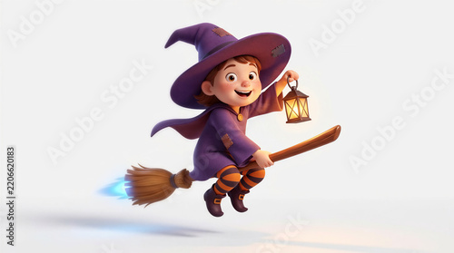 Cute Little Halloween Witch Flying on Magic Broomstick with Glowing Lantern, 3D Cartoon Character Illustration Isolated on White Background
