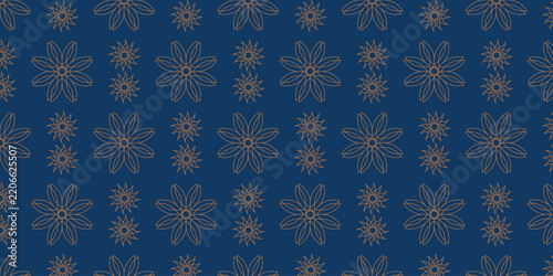 Seamless navy blue pattern with golden floral mandala ornaments