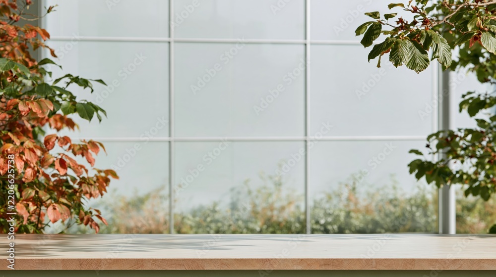 Fototapeta premium Timber counter with a smooth wood grain surface in a bright interior, featuring natural foliage for a sustainable product display mockup