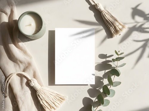 Minimalist blank card mockup with eucalyptus and candle