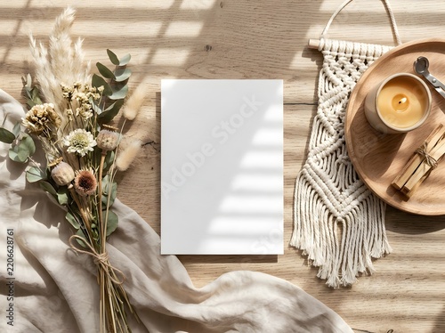 Blank vertical paper mockup with boho decor and dried flowers