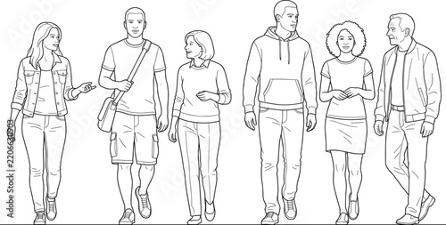 Black and white line art illustration of a diverse group of casual people walking and talking together