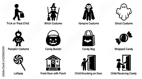 Candy Bucket Set with Halloween Costumes, Trick-or-Treating Concept. Vector Illustration for Seasonal Design