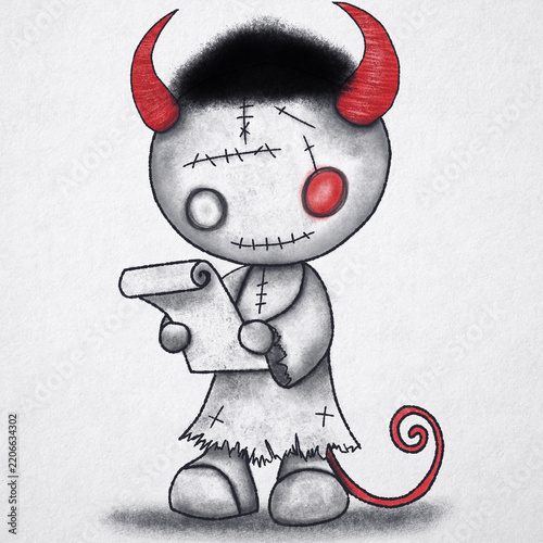 Cute devil doll character reading paper scroll