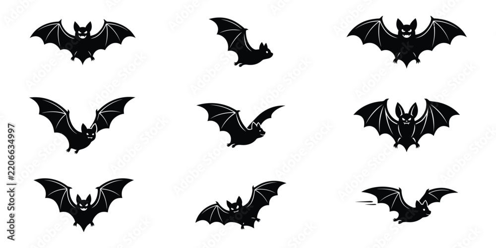 Fototapeta premium Collection of spooky black bats in various flying poses on a white background