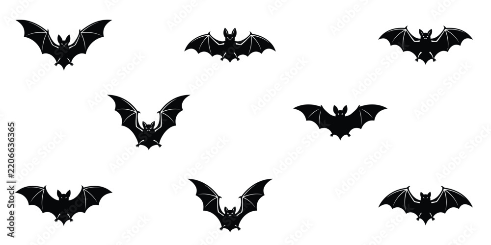 Fototapeta premium Collection of black silhouette bats isolated on a white background for halloween