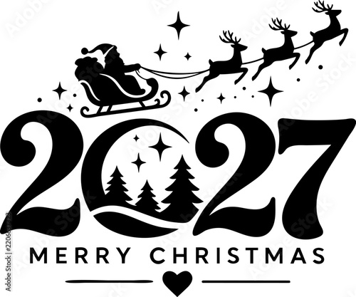 2027 Merry Christmas Typography with Santa Sleigh and Reindeer