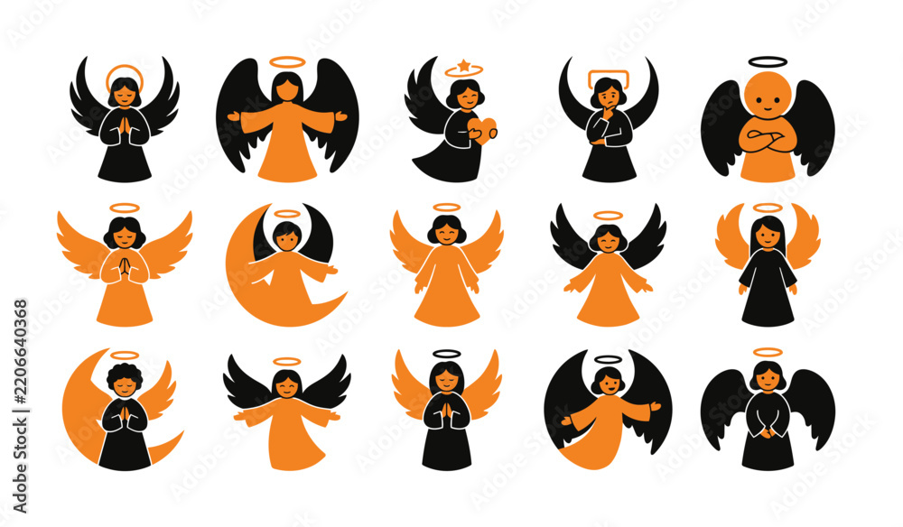 Obraz premium Set of cute angel icons with wings and halos in orange and black colors for holiday design and religious graphic projects