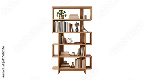 Modern wooden bookshelf filled with books and decorative home objects