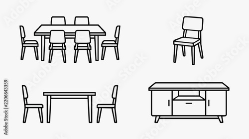 Elegant Line Art Set of Dining and Office Furniture Arrangements