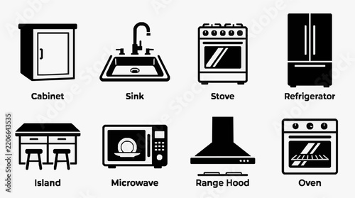 Black and White Kitchen Appliances and Fixtures Icon Set for Design Projects