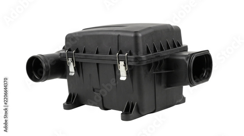 Black plastic car air filter housing box spare part studio shot