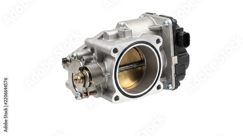 Modern automotive electronic throttle body isolated on white background studio shot