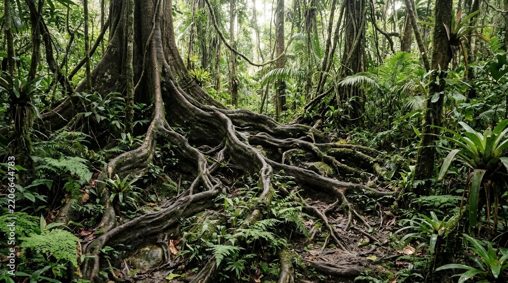 Obraz premium Ancient Giant Tree with Extensive Root System in a Dense Tropical Rainforest with Lush Exotic Foliage and Ferns.