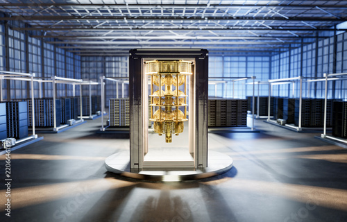 Obraz na płótnie Quantum server network with quantum computer machine in server room