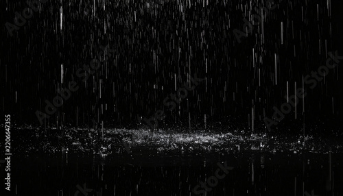 Heavy Rain Falling on a Dark Surface Creating Splashes and Ripples in the Night with a Black Background