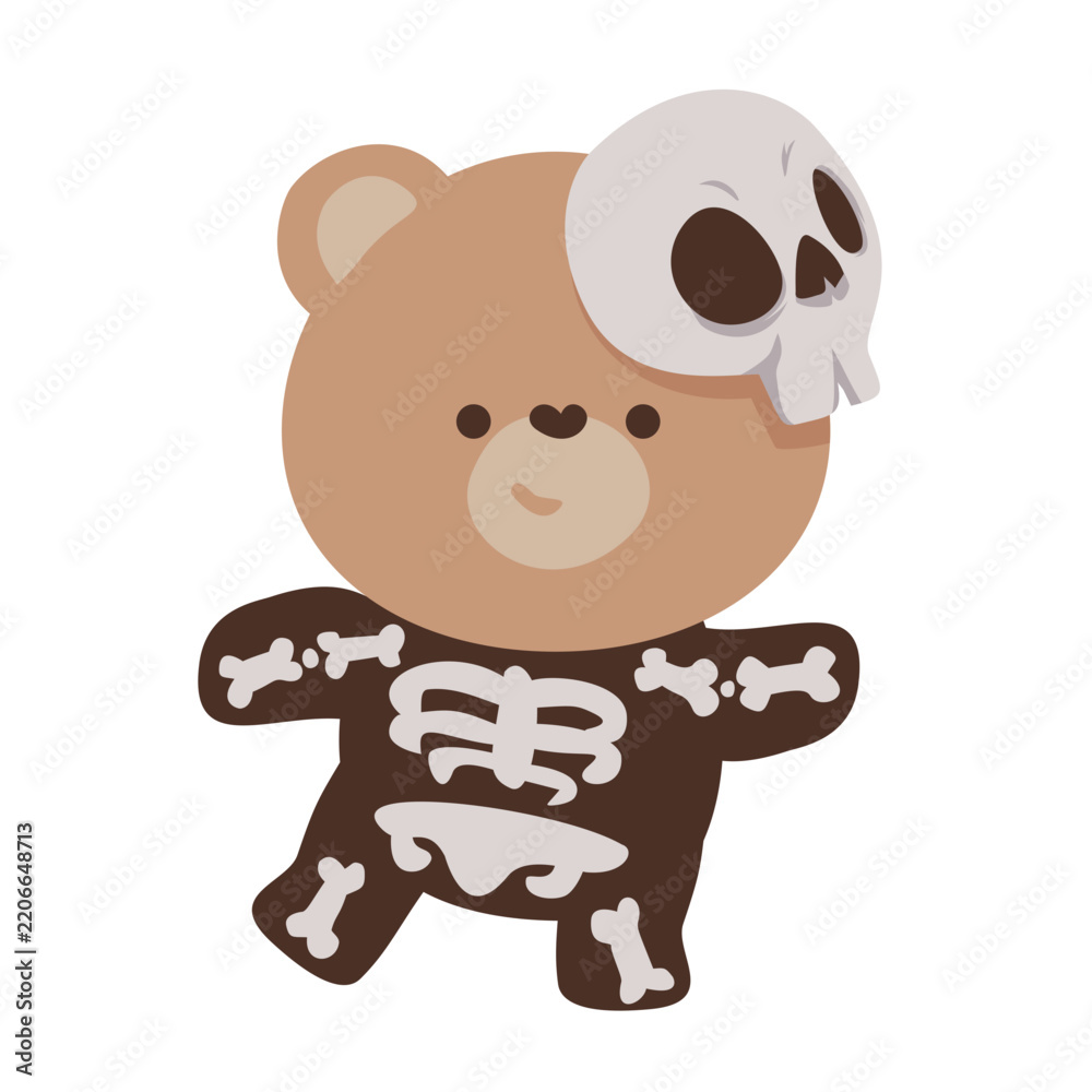 Fototapeta premium Cute teddy bear wearing skeleton costume and skull mask halloween illustration isolated on white background